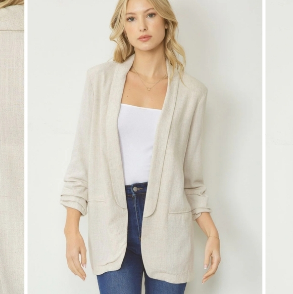 entro Jackets & Blazers - Entro Cream Open Linen Blazer Jacket Size 1x With Shirred Sleeves